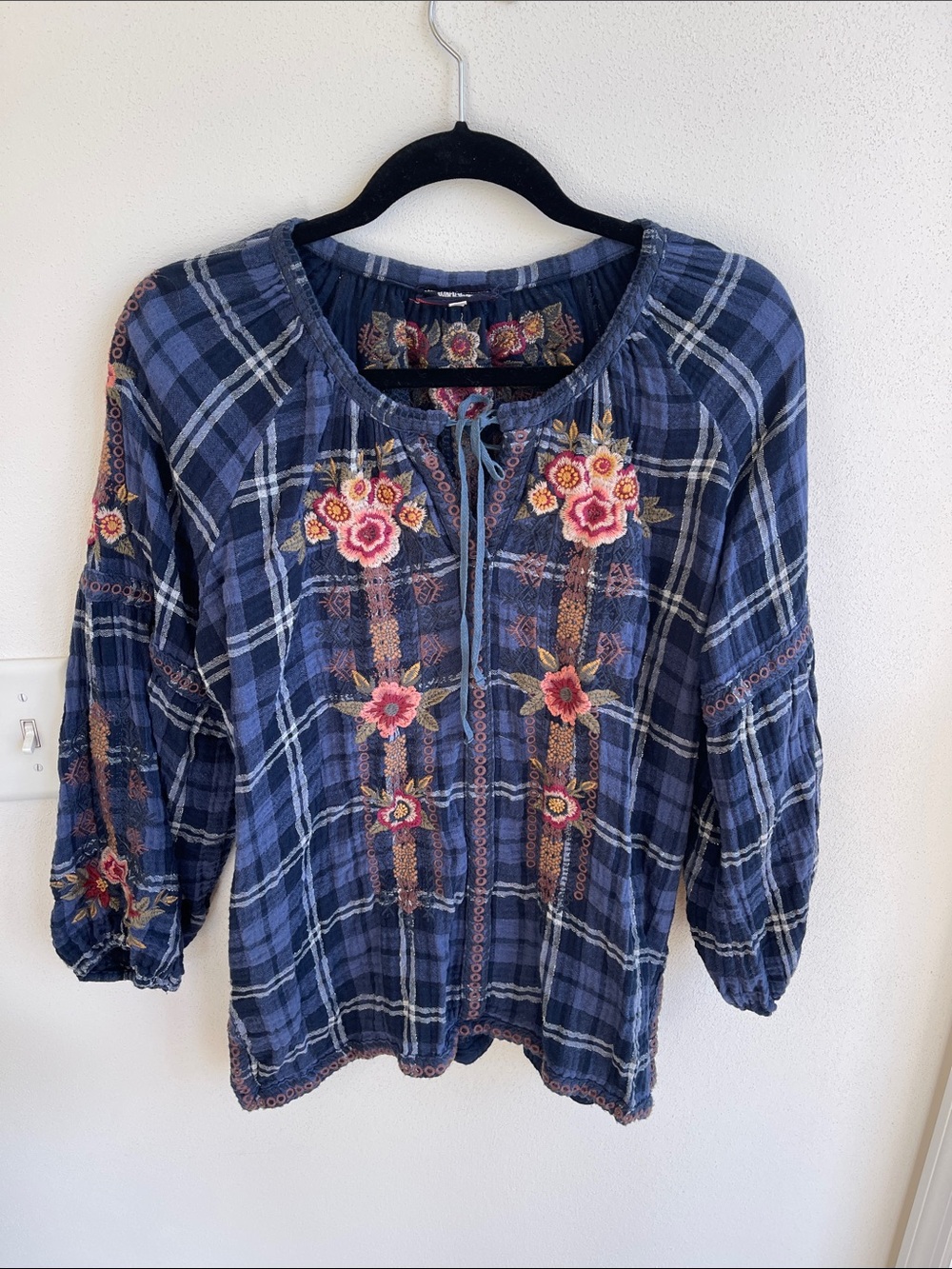 Johnny Was Navy Plaid Floral Embroidered Peasant Blouse